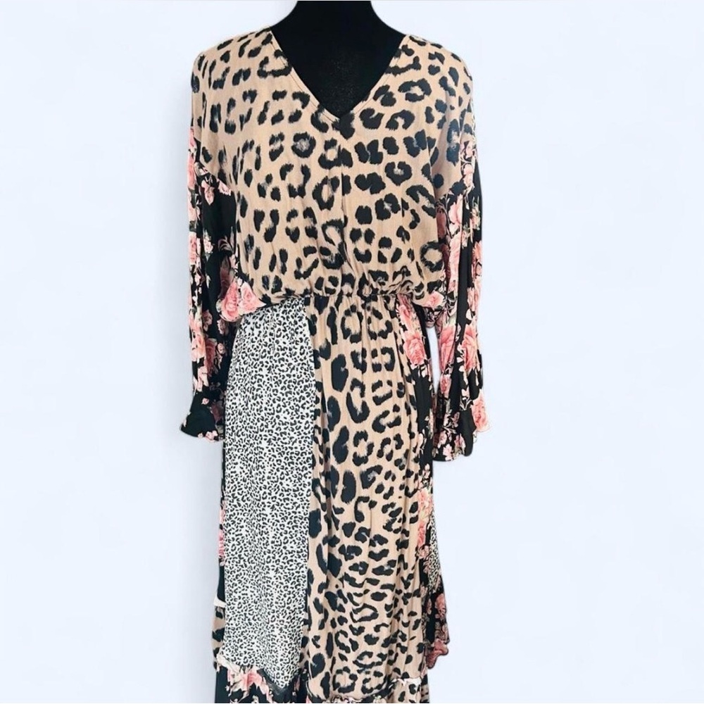GiGio Mixed Print Leopard Floral Boho Midi Dress Small Flowy Bell Sleeve - Picture 4 of 5